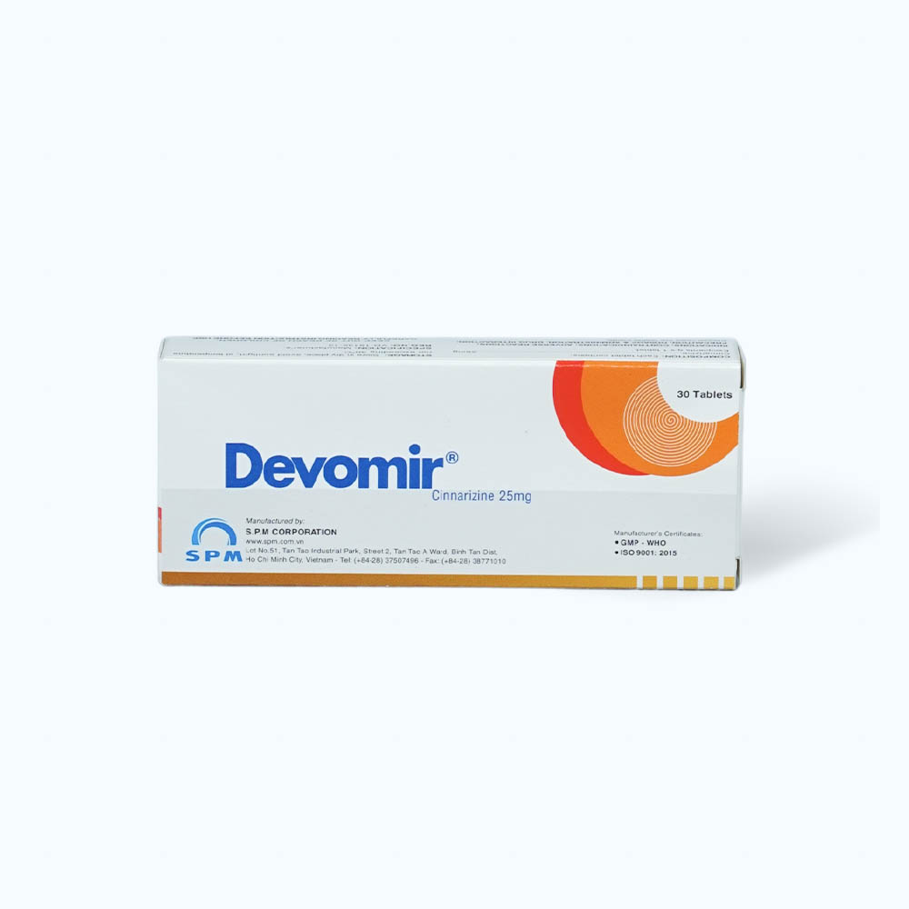 Viên nén Devomir 25mg điều trị chóng mặt, đau nữa đầu, say tàu xe (3 vỉ x 10 viên)