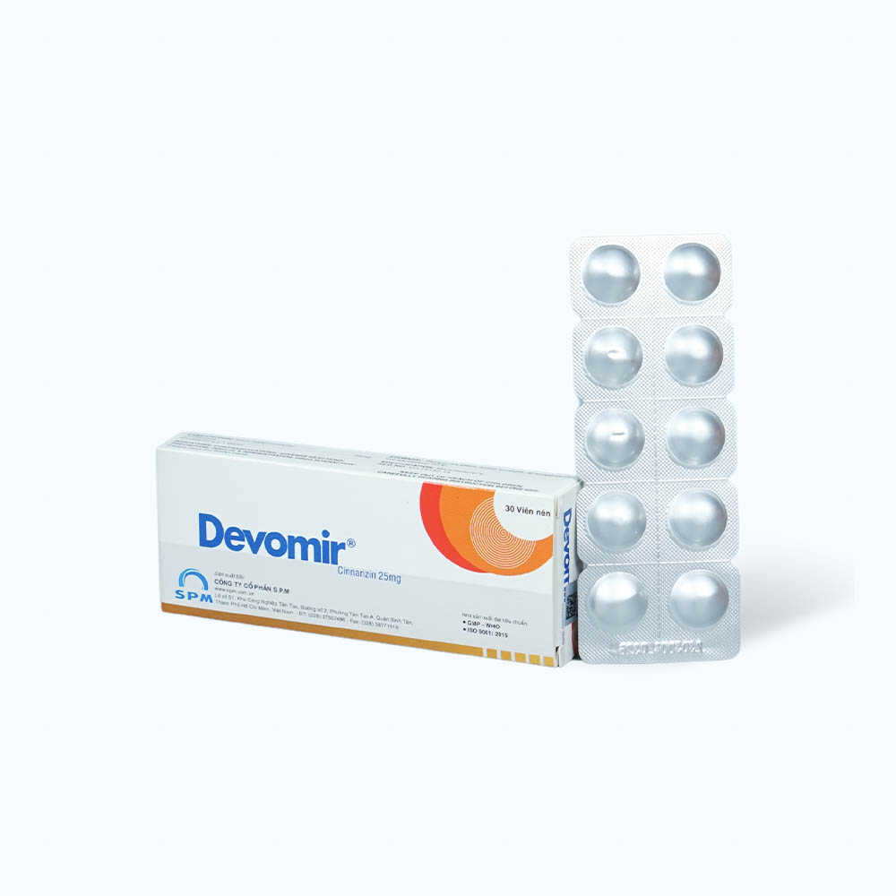 Viên nén Devomir 25mg điều trị chóng mặt, đau nữa đầu, say tàu xe (3 vỉ x 10 viên)