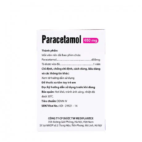 Viên nén Paracetamol 650mg Mediplantex giảm đau từ nhẹ đến vừa và hạ sốt (10 vỉ x 10 viên)