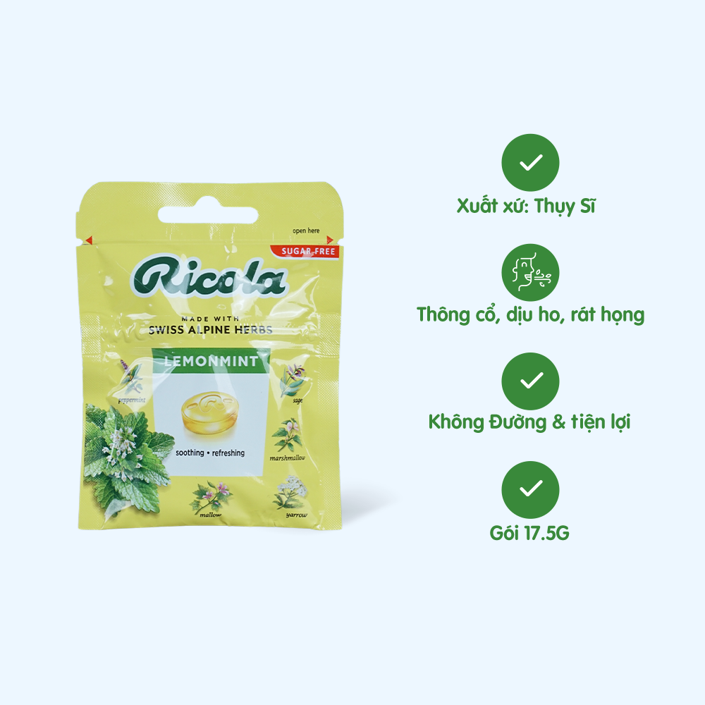 Kẹo ngậm thảo mộc RICOLA không đường hỗ trợ giảm ho, thông cổ mát họng vị chanh bạc hà (17.5g)