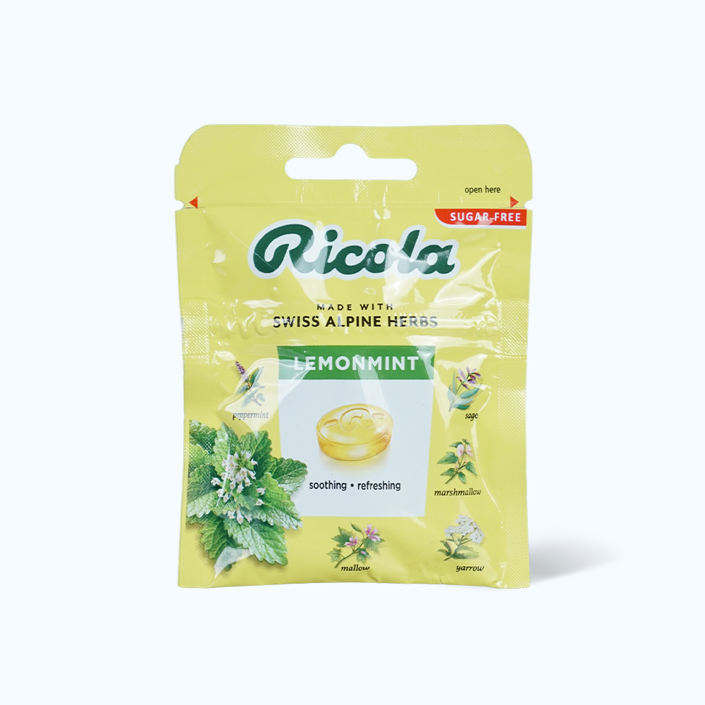 Kẹo ngậm thảo mộc RICOLA không đường hỗ trợ giảm ho, thông cổ mát họng vị chanh bạc hà (17.5g)