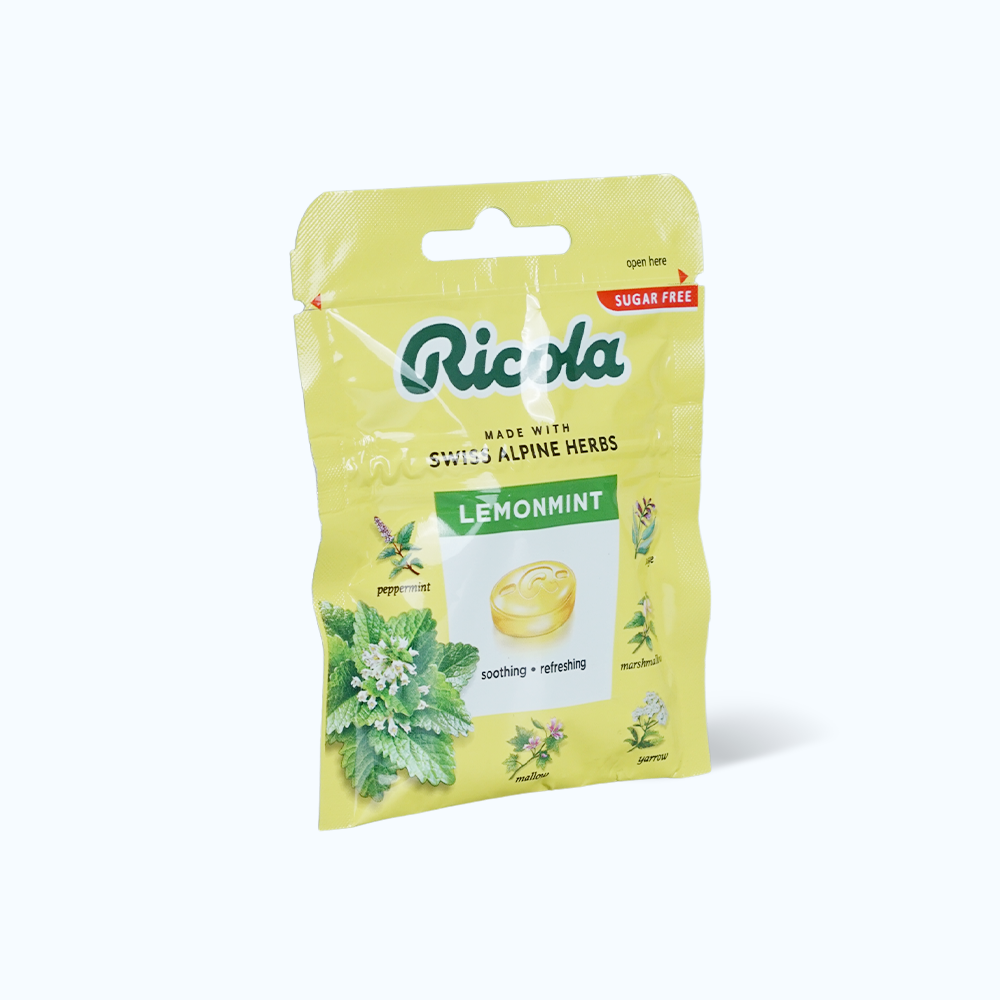 Kẹo ngậm thảo mộc RICOLA không đường hỗ trợ giảm ho, thông cổ mát họng vị chanh bạc hà (17.5g)