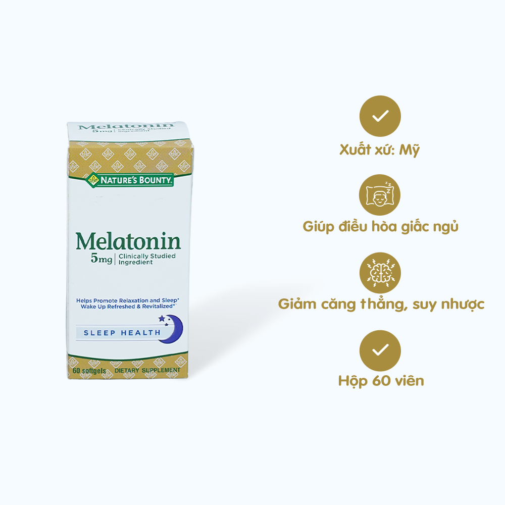 Viên uống Natures Bounty Melatonin hỗ trợ điều hòa giấc ngủ, giảm căng thẳng(Hộp 60 viên)