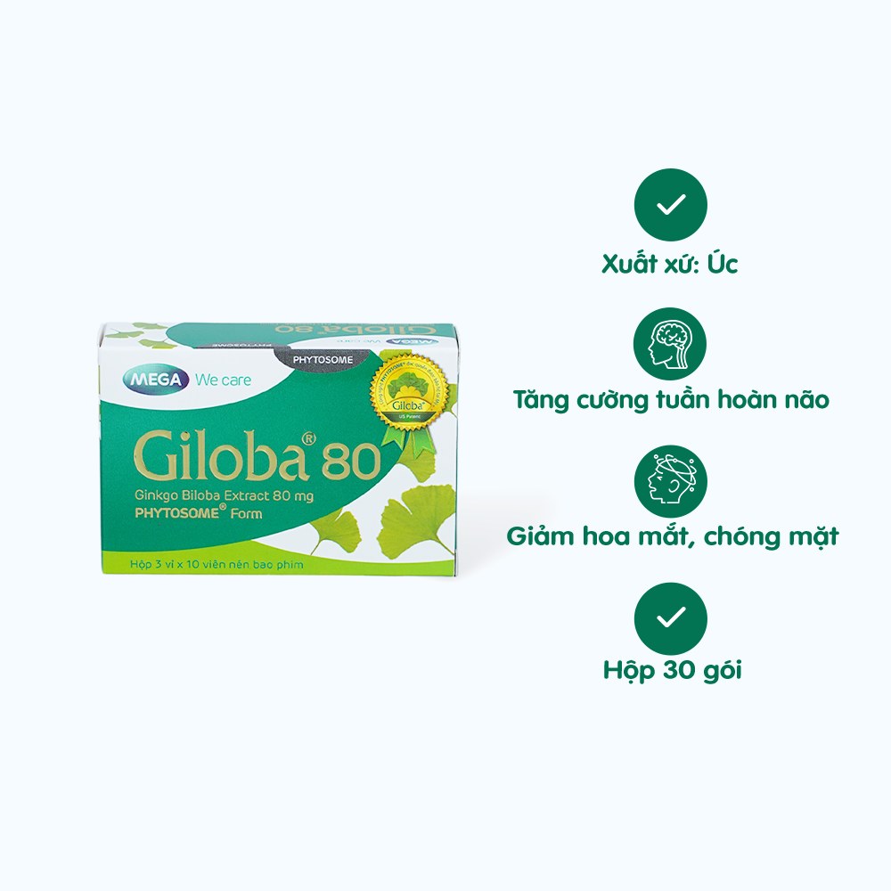 Viên uống Giloba 80 hỗ trợ tăng cường tuần hoàn não, cải thiện trí nhớ (hộp 3 vỉ x 10 viên)