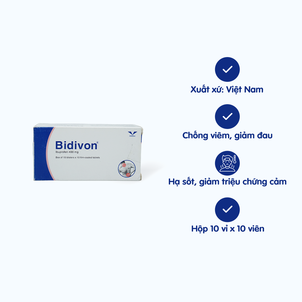 Viên nén Bidivon 400mg giảm đau, hạ sốt, chống viêm (10 vỉ x 10 viên)