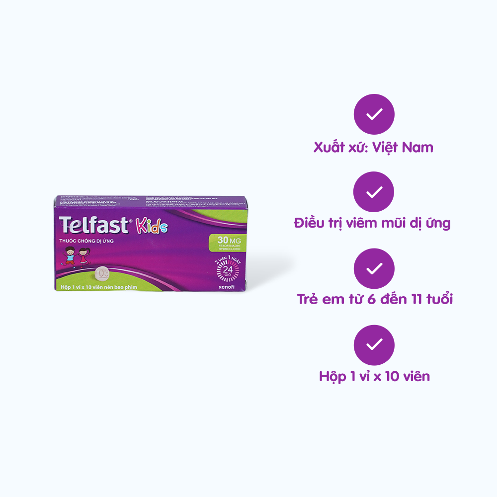 Viên nén Telfast Kids 30mg trị viêm mũi dị ứng, mày đay (1 vỉ x 10 viên)