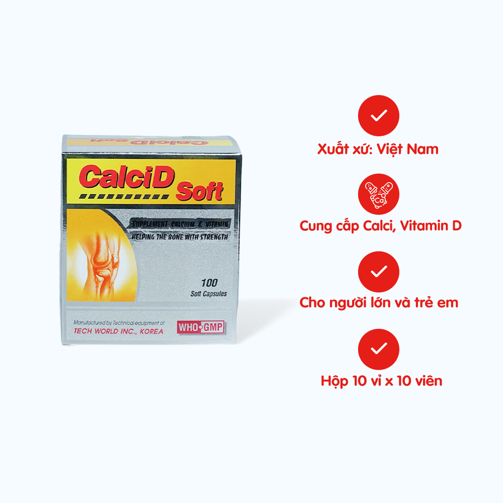 Viên nang Calci D 518mg/100IU cung cấp calci và D3 giúp xương chắc khỏe  (10 vỉ x 10 viên)