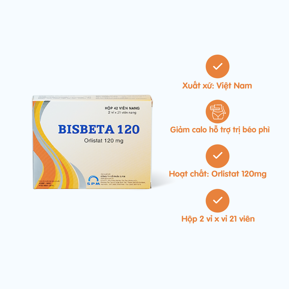 Viên nang Bisbeta 120mg SPM hỗ trợ giảm nhẹ calo trong điều trị béo phì, thừa cân (2 vỉ x 21 viên)