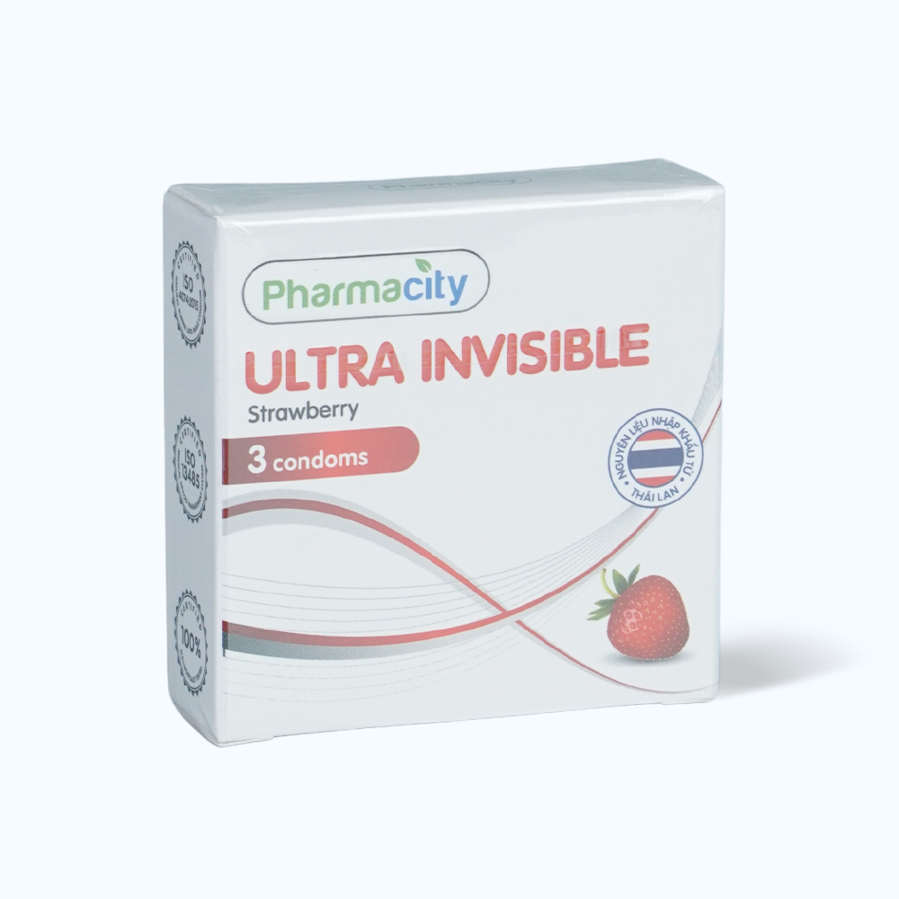 Bao cao su siêu mỏng hương dâu Pharmacity Ultra Invisible Strawbery (3 cái/hộp)