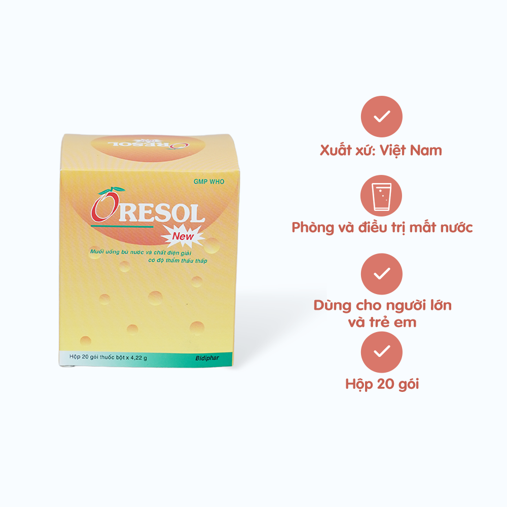 Bột pha uống Oresol new 4,22g Bidiphar phòng và điều trị mất nước, chất điện giải (hộp 20 gói)