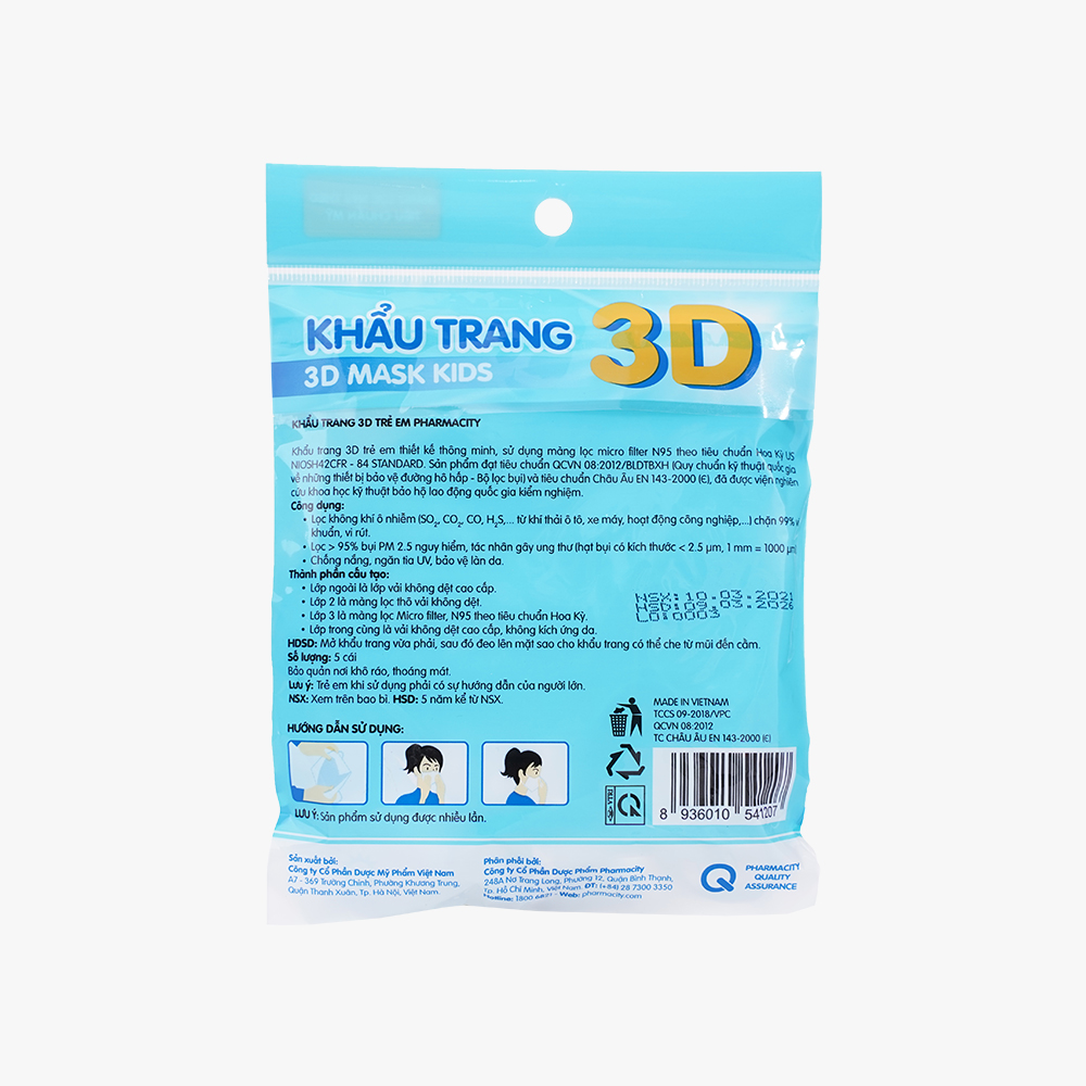 Khẩu trang 3D trẻ em Pharmacity lọc bụi mịn, giảm tia UV, và bảo vệ làn da (Gói 5 cái)
