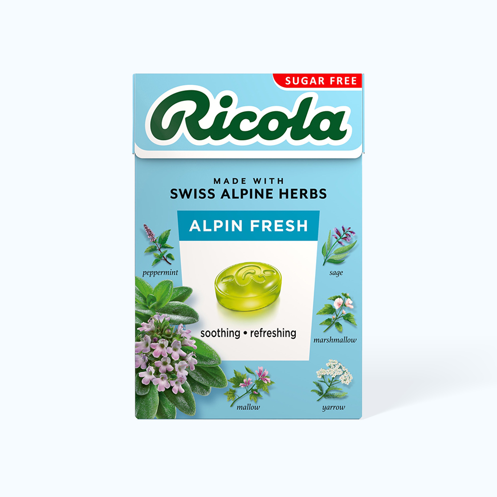 Kẹo ngậm thảo mộc RICOLA không đường hỗ trợ giảm ho, thông cổ mát họng Alpin Fresh (40g)