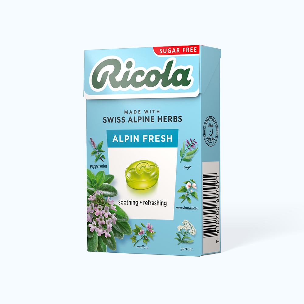 Kẹo ngậm thảo mộc RICOLA không đường hỗ trợ giảm ho, thông cổ mát họng Alpin Fresh (40g)