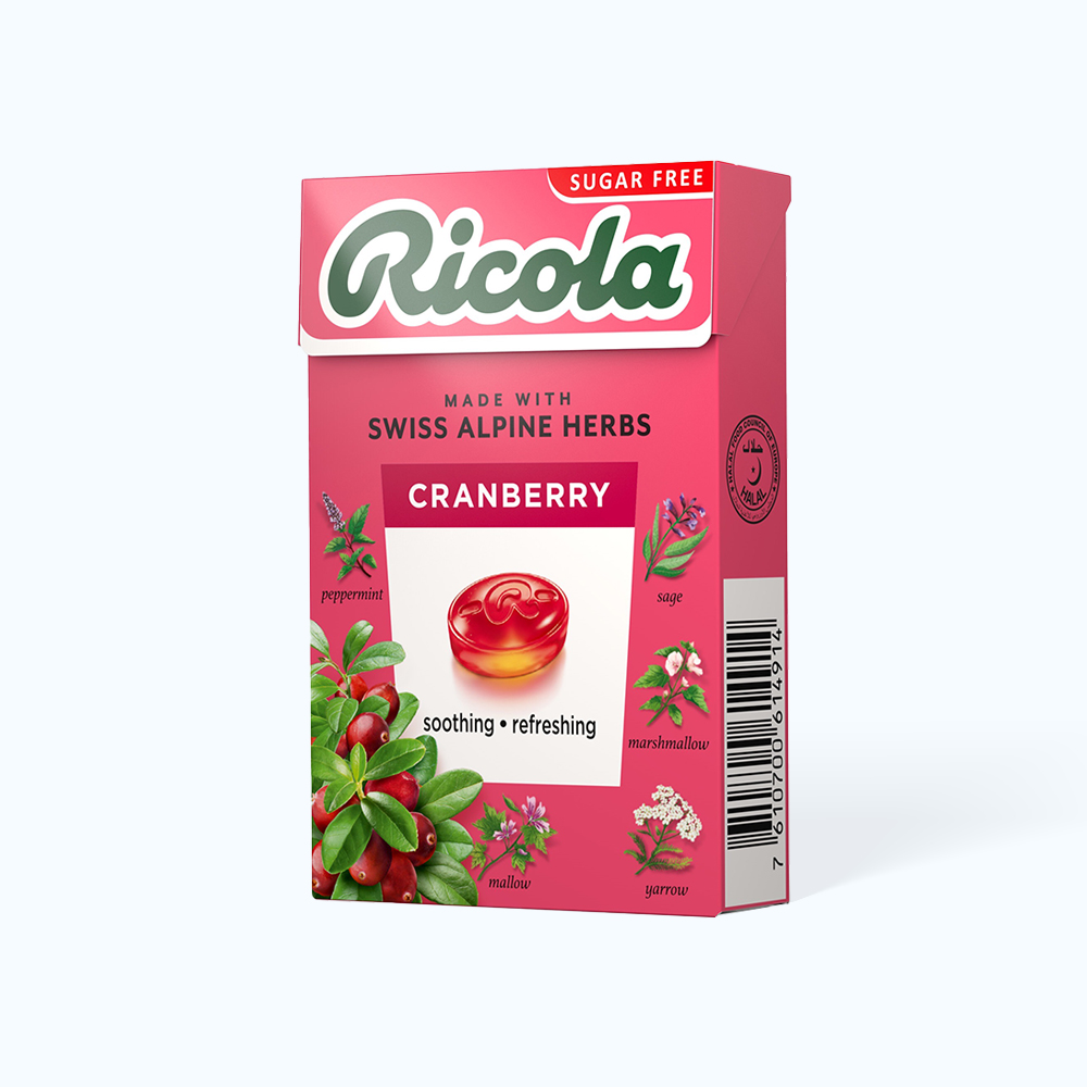 Kẹo ngậm thảo mộc RICOLA không đường hỗ trợ giảm ho, thông cổ mát họng nam việt quất (40g)