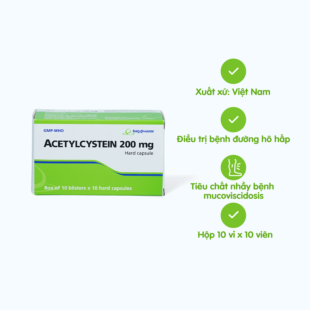 Viên nang Acetylcystein 200mg Imexpharm tiêu nhầy, loãng đàm, giảm ho (10 vỉ x 10 viên)