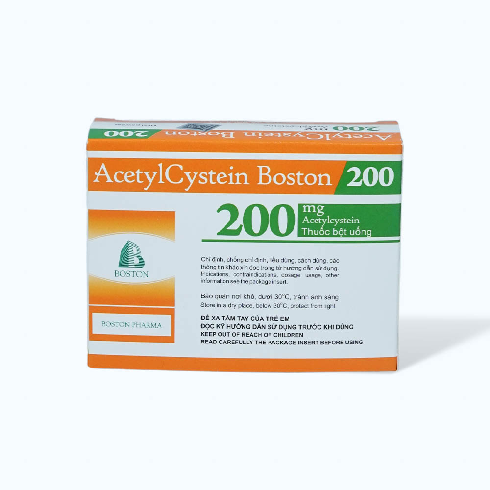 Thuốc bột uống Acetylcystein Boston 200mg điều trị rối loạn tiết dịch phế quản (đờm) (30 gói x 1g)