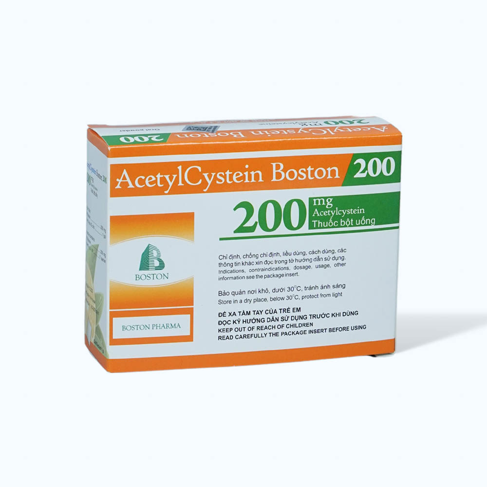 Thuốc bột uống Acetylcystein Boston 200mg điều trị rối loạn tiết dịch phế quản (đờm) (30 gói x 1g)