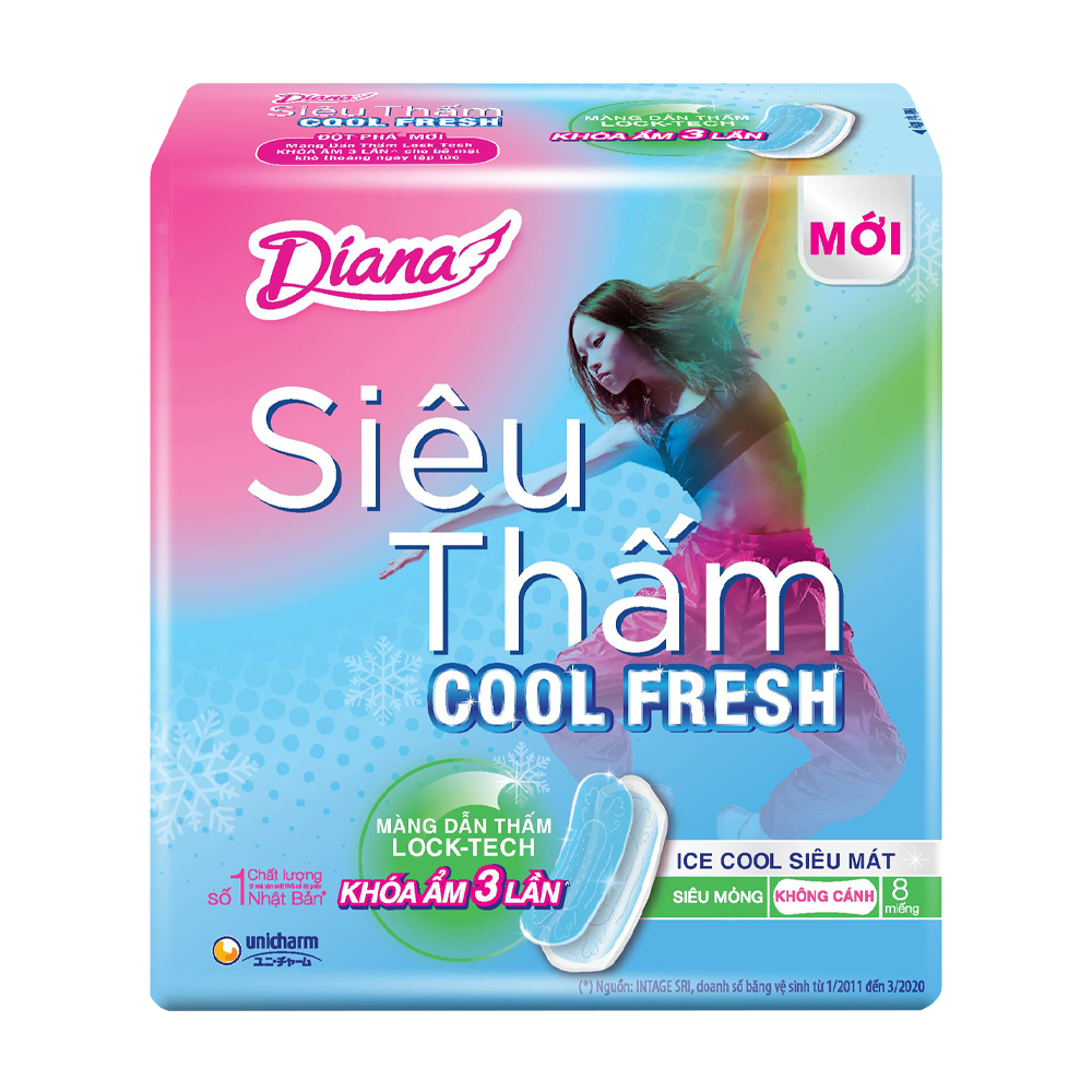 Băng vệ sinh siêu thấm Diana Cool Fresh mỏng không cánh 23cm (Gói 8 miếng)