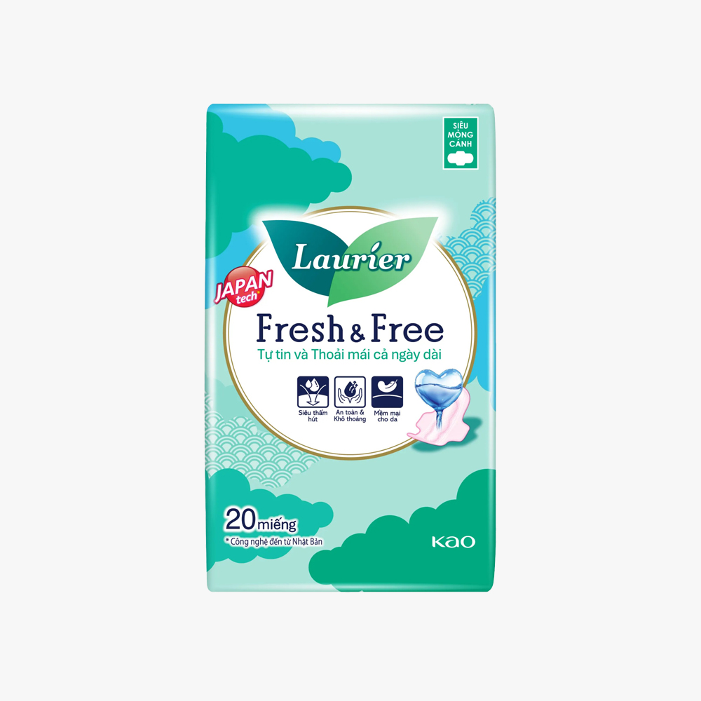 Băng vệ Laurier Fresh & Free siêu mỏng cánh siêu thấm tối đa (Gói 20 miếng)