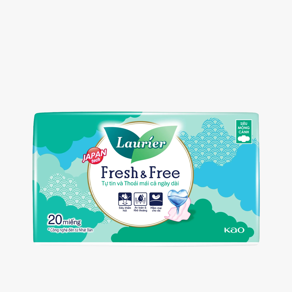 Băng vệ Laurier Fresh & Free siêu mỏng cánh siêu thấm tối đa (Gói 20 miếng)