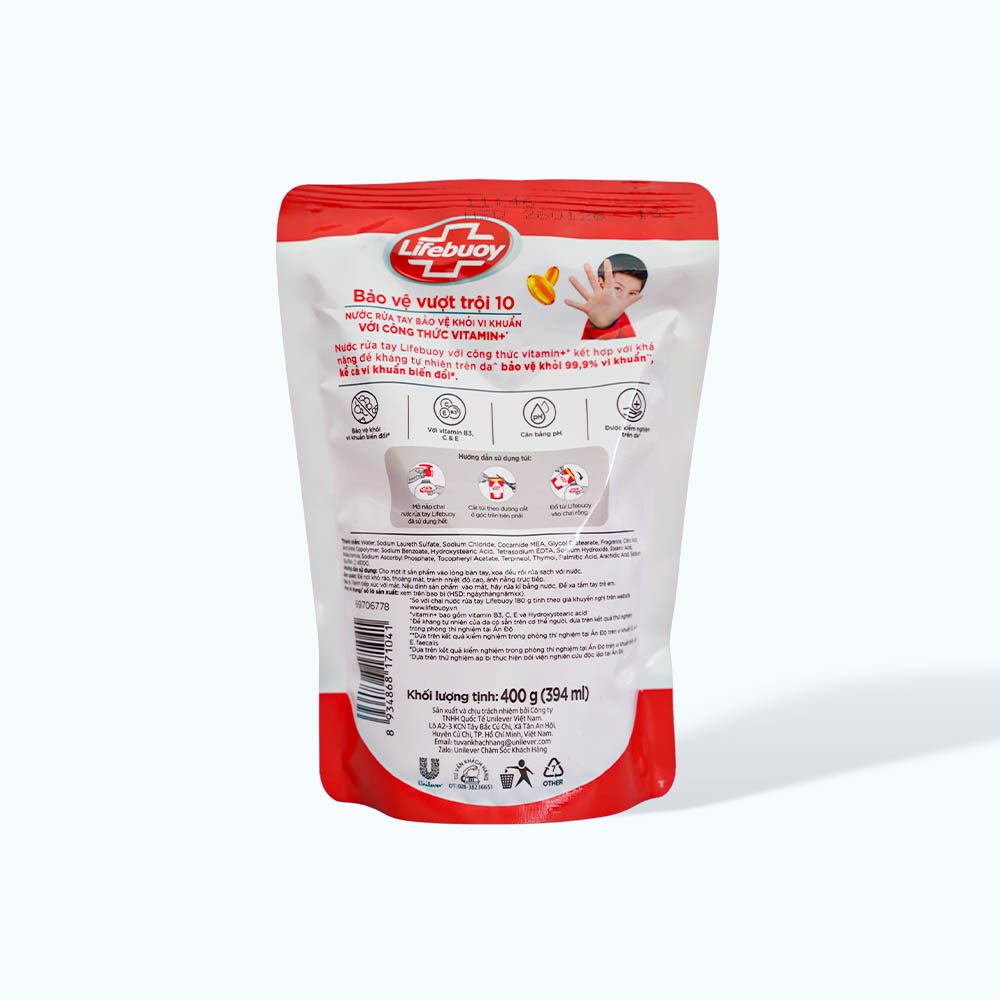 Nước Rửa Tay LIFEBUOY Bảo Vệ Vượt Trội 10 (túi 400g)