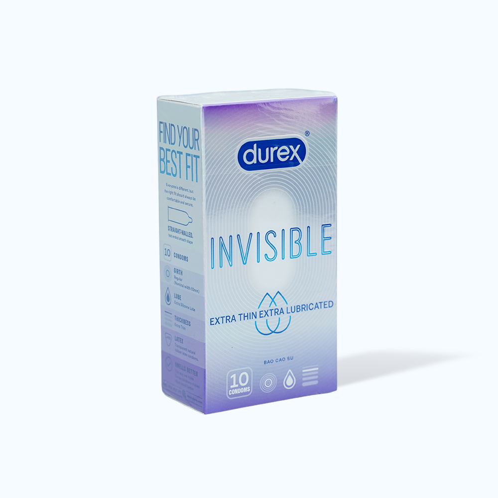 Bao cao su DUREX Invisible Extra Thin Extra Lubricated siêu mỏng, nhiều chất bôi trơn (hộp 10 cái)