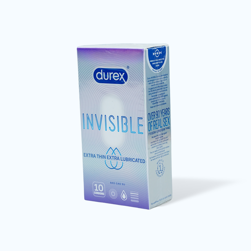 Bao cao su DUREX Invisible Extra Thin Extra Lubricated siêu mỏng, nhiều chất bôi trơn (hộp 10 cái)