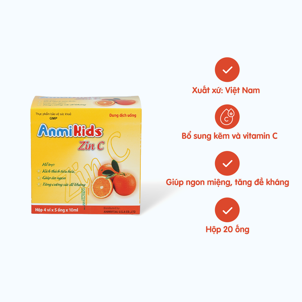 Dung dịch uống AnmiKids Zin C bổ sung vitamin C và kẽm (Hộp 4 vỉ x 5 ống 10ml)