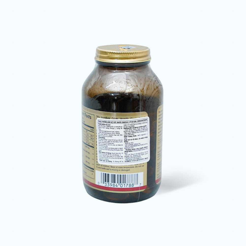 Viên dầu cá Solgar Omega-3 Fish Oil hỗ trợ giảm mỡ máu, tốt cho mắt và não bộ (Chai 120 Viên)
