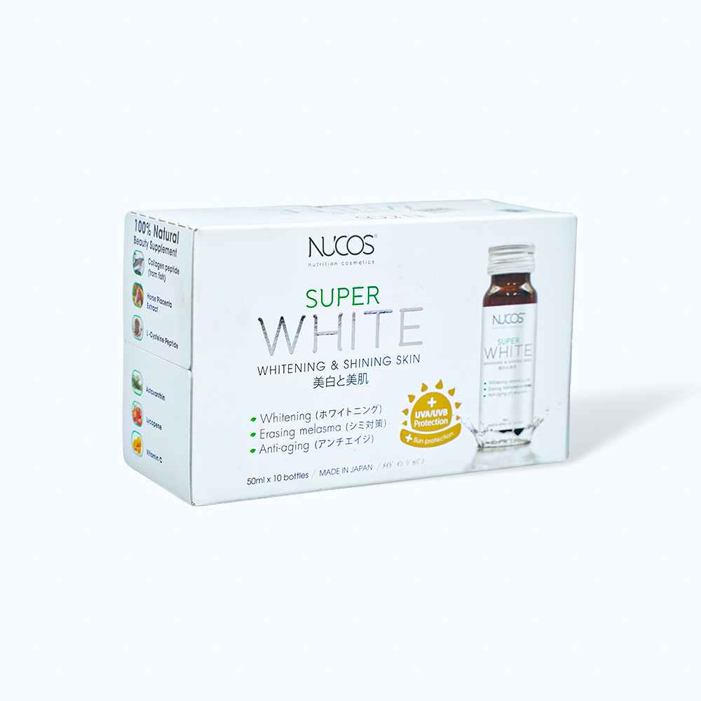 Nước uống collagen Nucos Super White hỗ trợ làm sáng da,giảm các vết thâm sạm và chống lão hóa (Hộp 10 chai)
