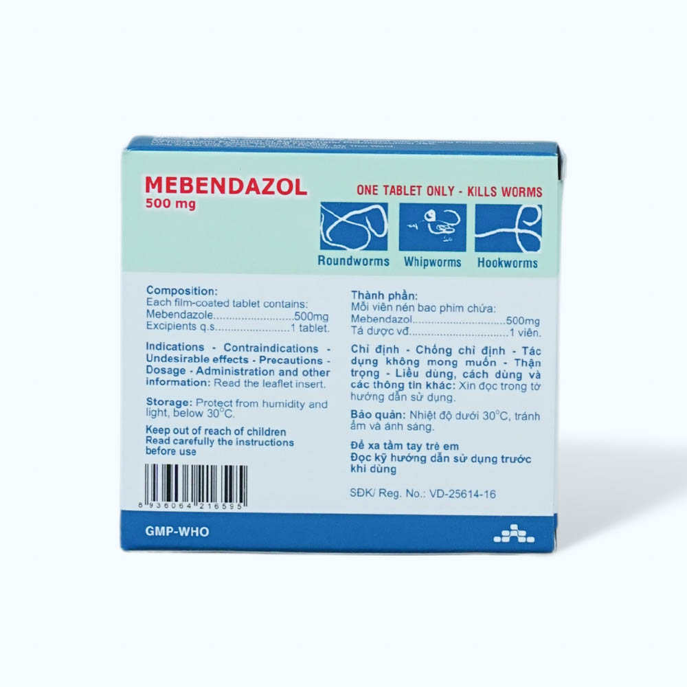 Viên nén Mebendazol 500mg điều trị nhiễm giun (1 vỉ x 1 viên)