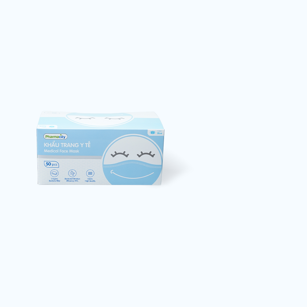 Khẩu trang y tế 3 lớp màu xanh Pharmacity bảo vệ khỏi vi khuẩn, khói và bụi mịn (50 cái/hộp)