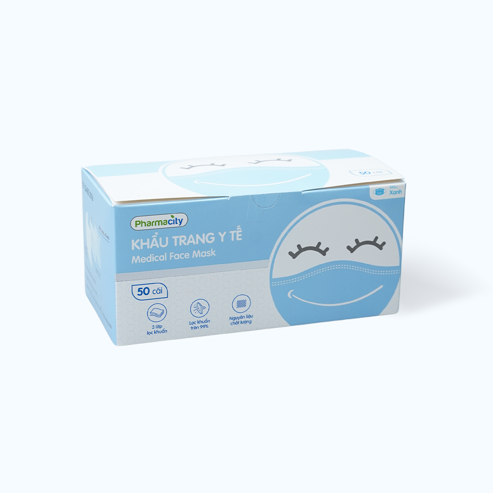Khẩu trang y tế 3 lớp màu xanh Pharmacity bảo vệ khỏi vi khuẩn, khói và bụi mịn (50 cái/hộp)