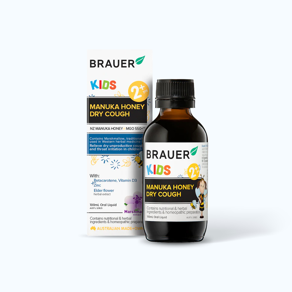 Siro BRAUER Kids Manuka Honey Dry Cough hỗ trợ giảm chứng ho khan, giảm đau rát họng ở trẻ từ 2 tuổi (100ml)