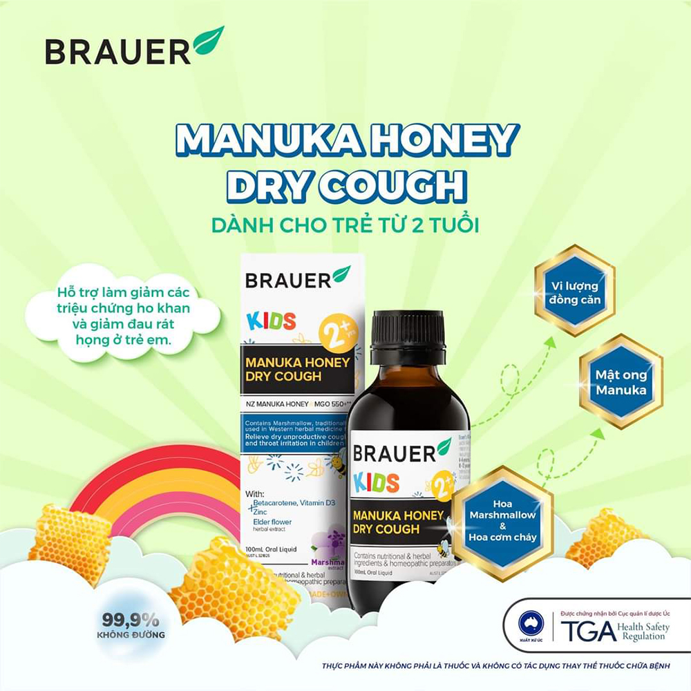 Siro BRAUER Kids Manuka Honey Dry Cough hỗ trợ giảm chứng ho khan, giảm đau rát họng ở trẻ từ 2 tuổi (100ml)