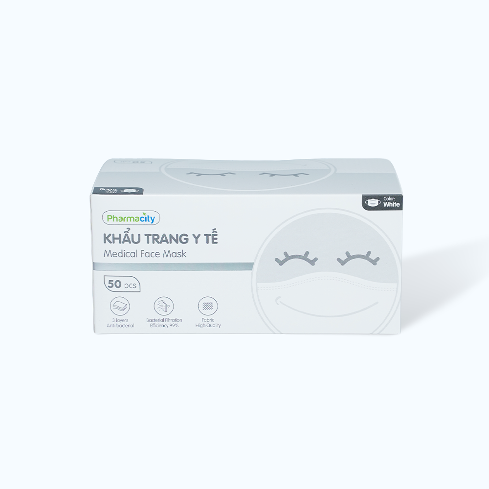 Khẩu trang y tế 3 lớp màu trắng Pharmacity bảo vệ khỏi vi khuẩn, khói và bụi mịn (50 cái/hộp)