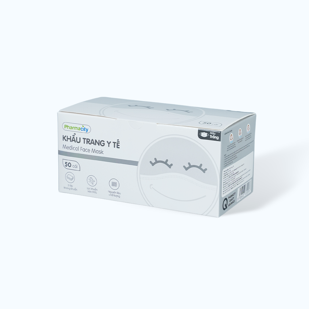 Khẩu trang y tế 3 lớp màu trắng Pharmacity bảo vệ khỏi vi khuẩn, khói và bụi mịn (50 cái/hộp)