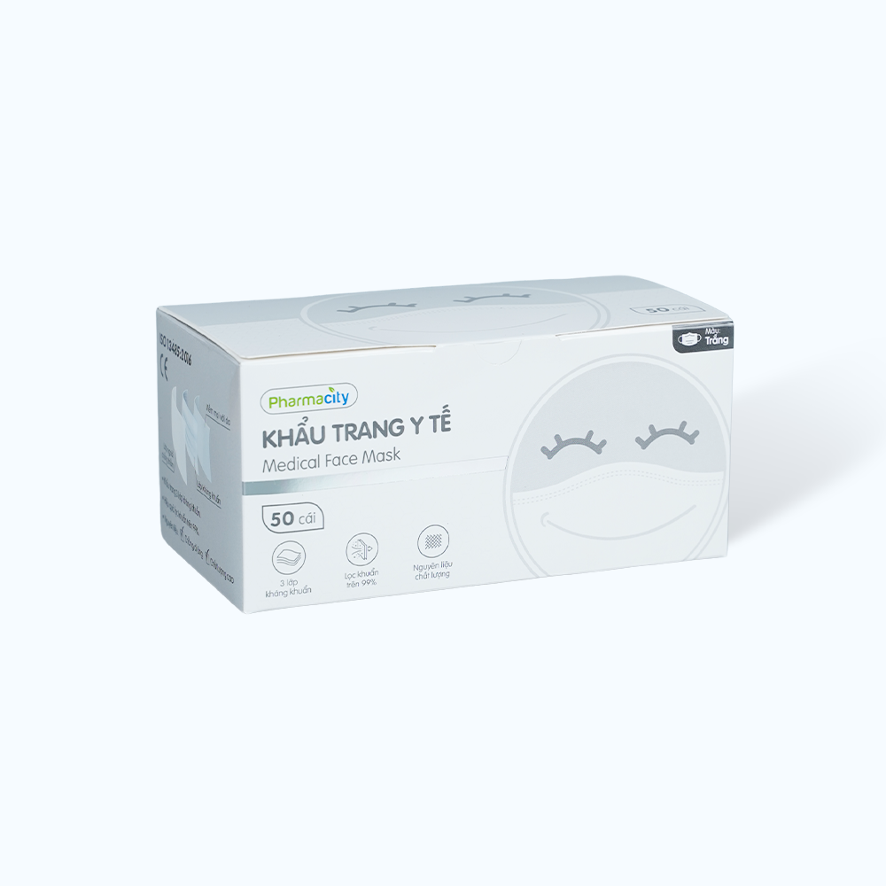 Khẩu trang y tế 3 lớp màu trắng Pharmacity bảo vệ khỏi vi khuẩn, khói và bụi mịn (50 cái/hộp)