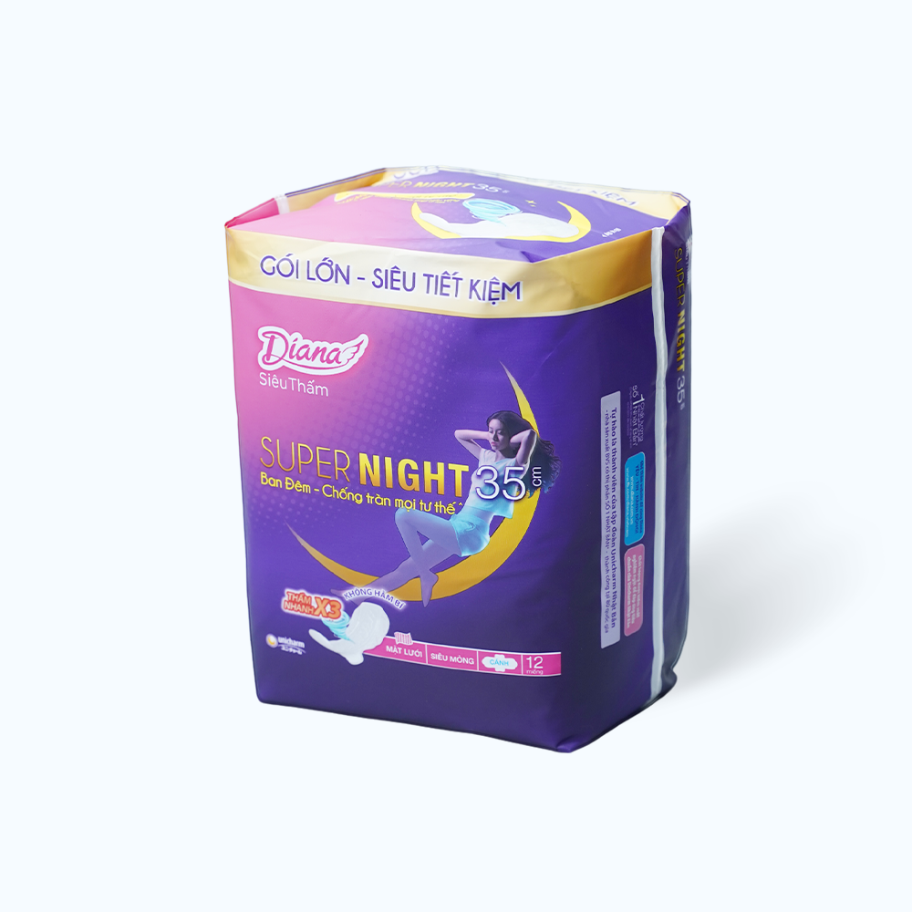 Băng vệ sinh ban đêm siêu thấm có cánh Diana Supernight 35cm (Gói 12 miếng)