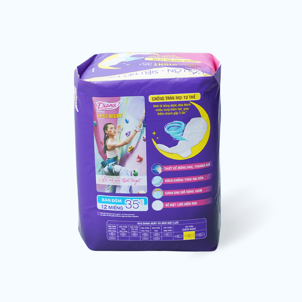 Băng vệ sinh ban đêm siêu thấm có cánh Diana Supernight 35cm (Gói 12 miếng)