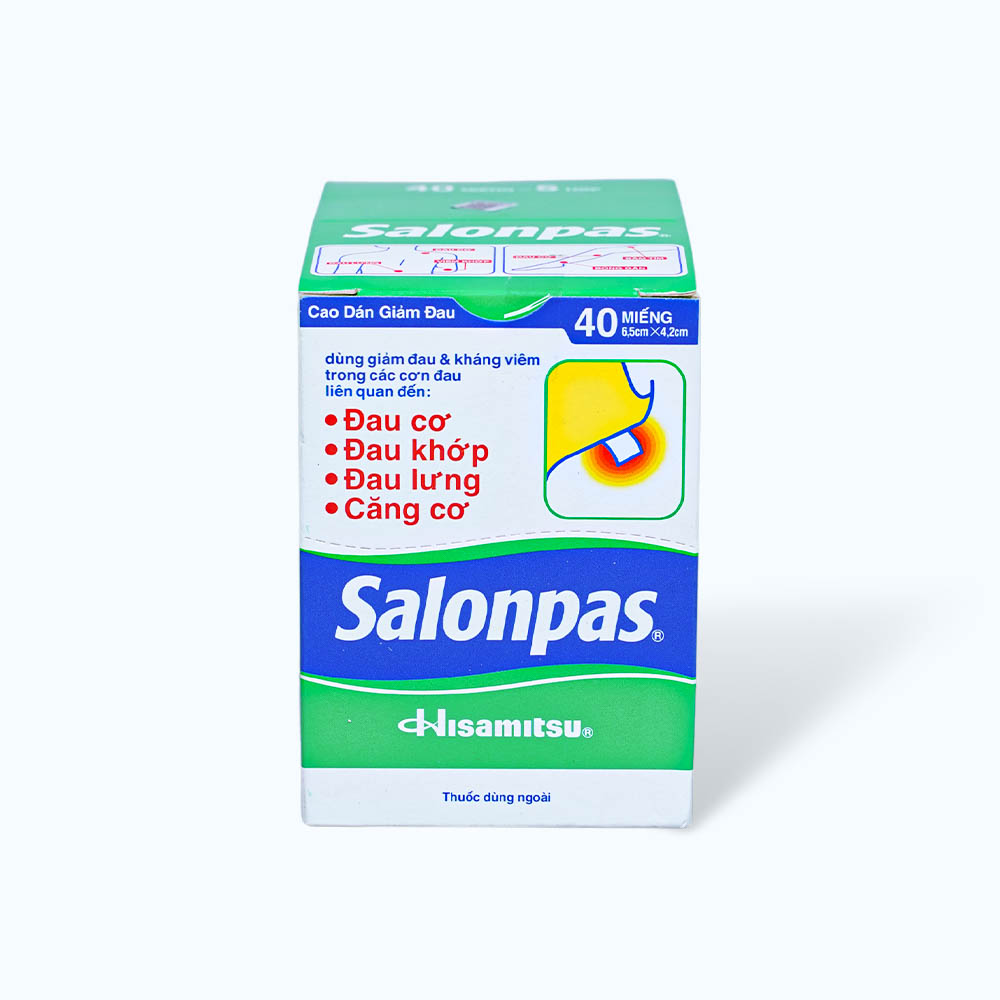 Cao dán Salonpas dán 6.5cmx4.2cm giảm đau vai, đau cổ, đau lưng, đau khớp (4 túi x 10 miếng)
