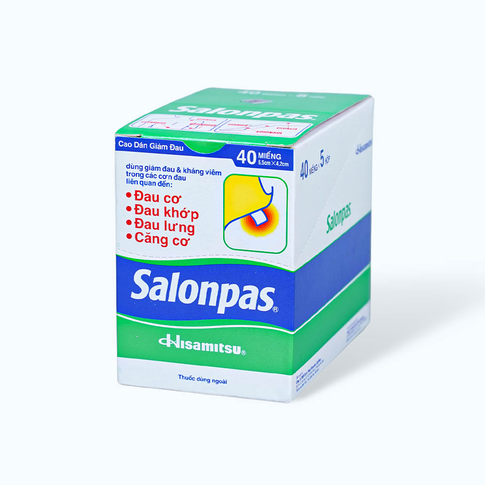 Cao dán Salonpas dán 6.5cmx4.2cm giảm đau vai, đau cổ, đau lưng, đau khớp (4 túi x 10 miếng)