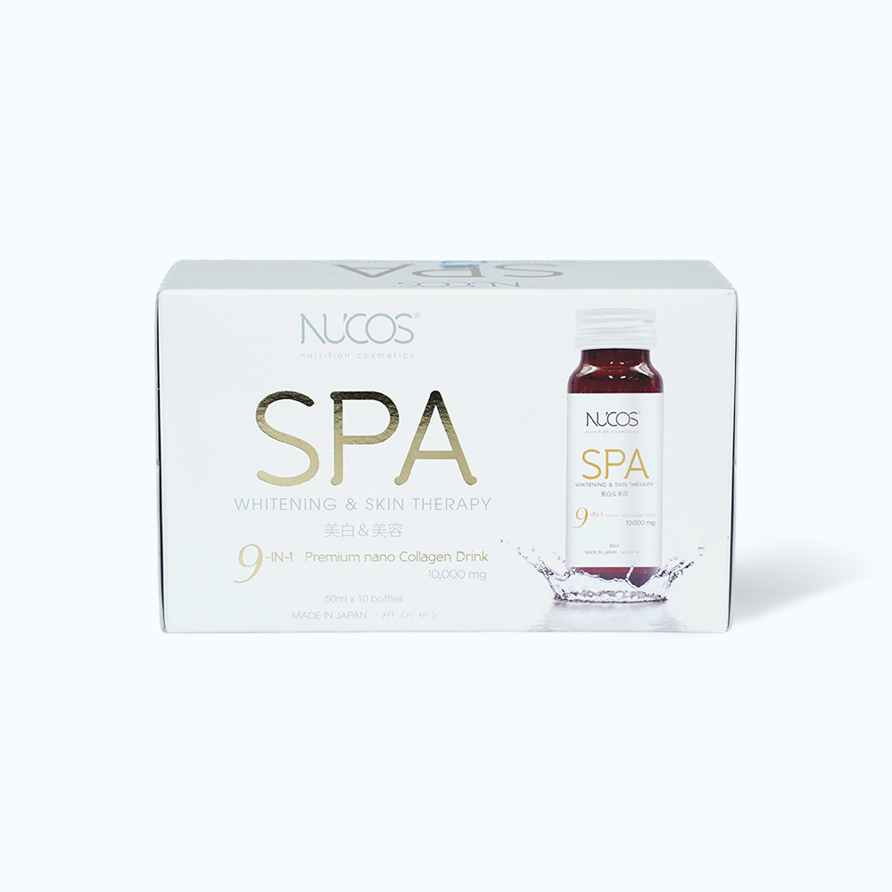 Nước uống bổ sung collagen Nucos Spa 10.000 hỗ trợ tăng cường khả năng chống oxy hóa, giúp làm tăng độ đàn hồi cho da, làm giảm lão hóa da, làm sáng da (Hộp 10 chai)
