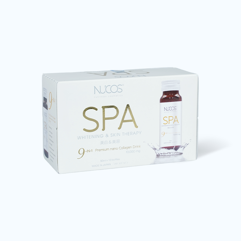 Nước uống bổ sung collagen Nucos Spa 10.000 hỗ trợ tăng cường khả năng chống oxy hóa, giúp làm tăng độ đàn hồi cho da, làm giảm lão hóa da, làm sáng da (Hộp 10 chai)