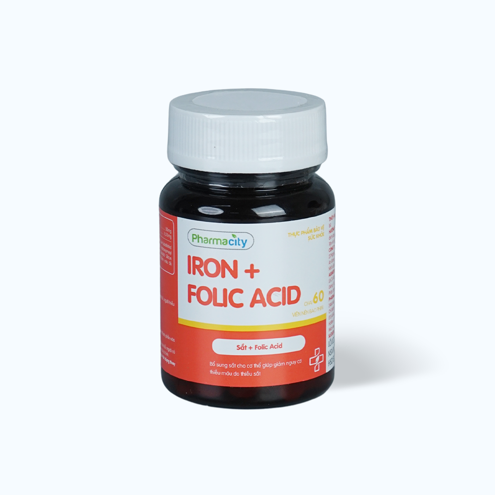 Viên uống Pharmacity Iron và Folic Acid bổ sung sắt và hỗ trợ giảm nguy cơ thiếu máu (Chai 60 viên)