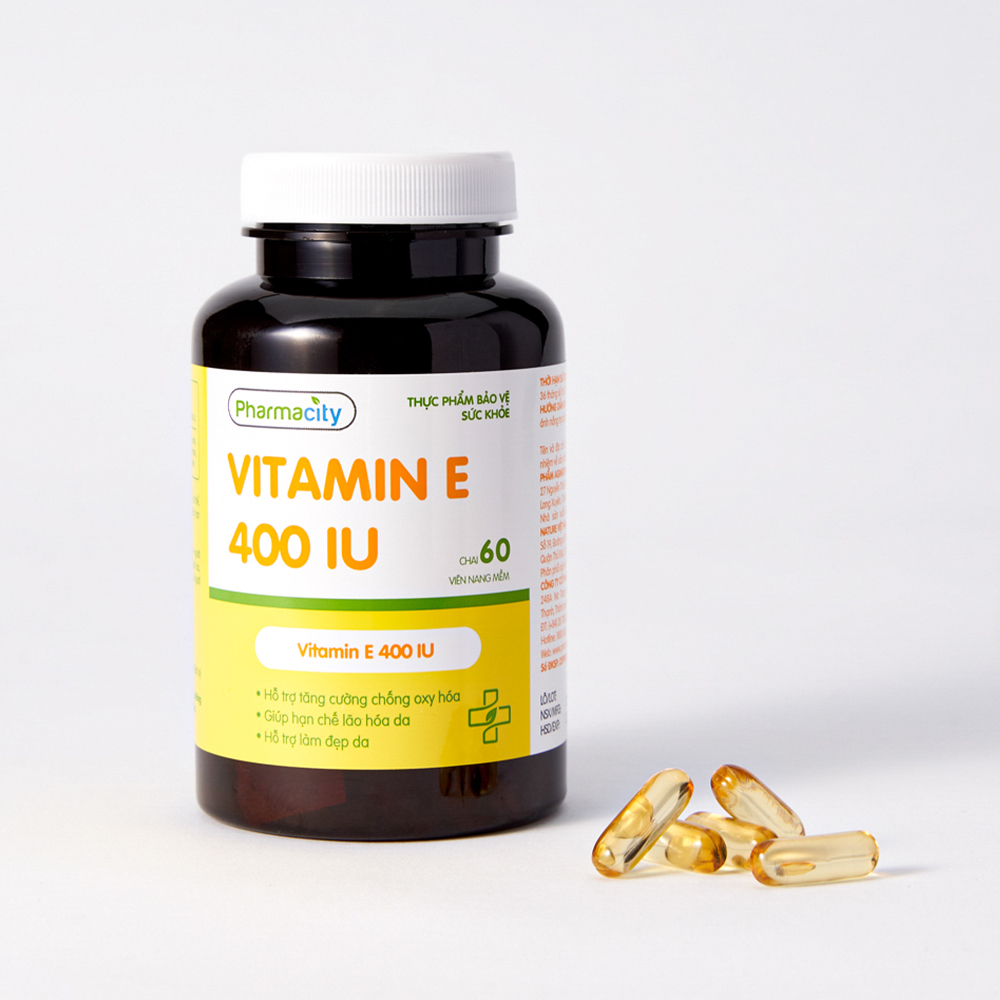 Viên uống Pharmacity Vitamin E 400IU hỗ trợ chống oxy hóa, tăng cường sức khỏe làn da (Chai 60 viên)