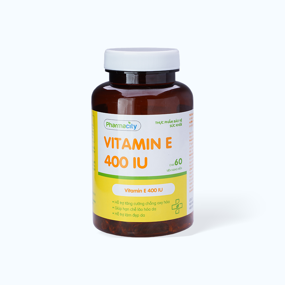 Viên uống Pharmacity Vitamin E 400IU hỗ trợ chống oxy hóa, tăng cường sức khỏe làn da (Chai 60 viên)