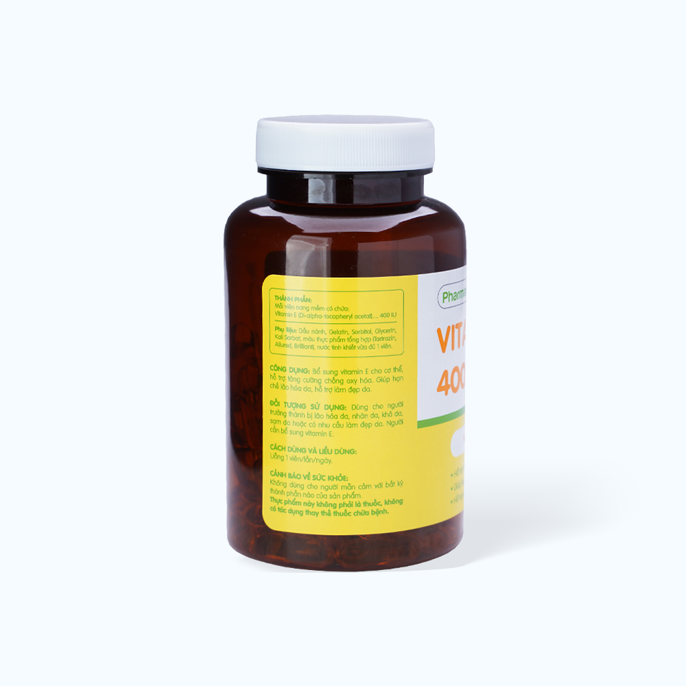 Viên uống Pharmacity Vitamin E 400IU hỗ trợ chống oxy hóa, tăng cường sức khỏe làn da (Chai 60 viên)
