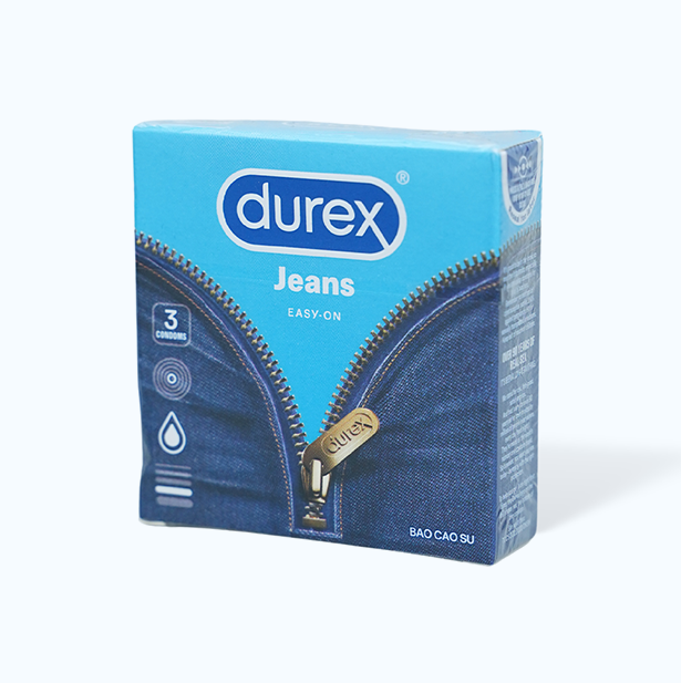 Bao cao su DUREX Jeans ôm sát, độ rộng 52.5mm, vừa vặn, nhiều chất bôi trơn (hộp 3 cái)