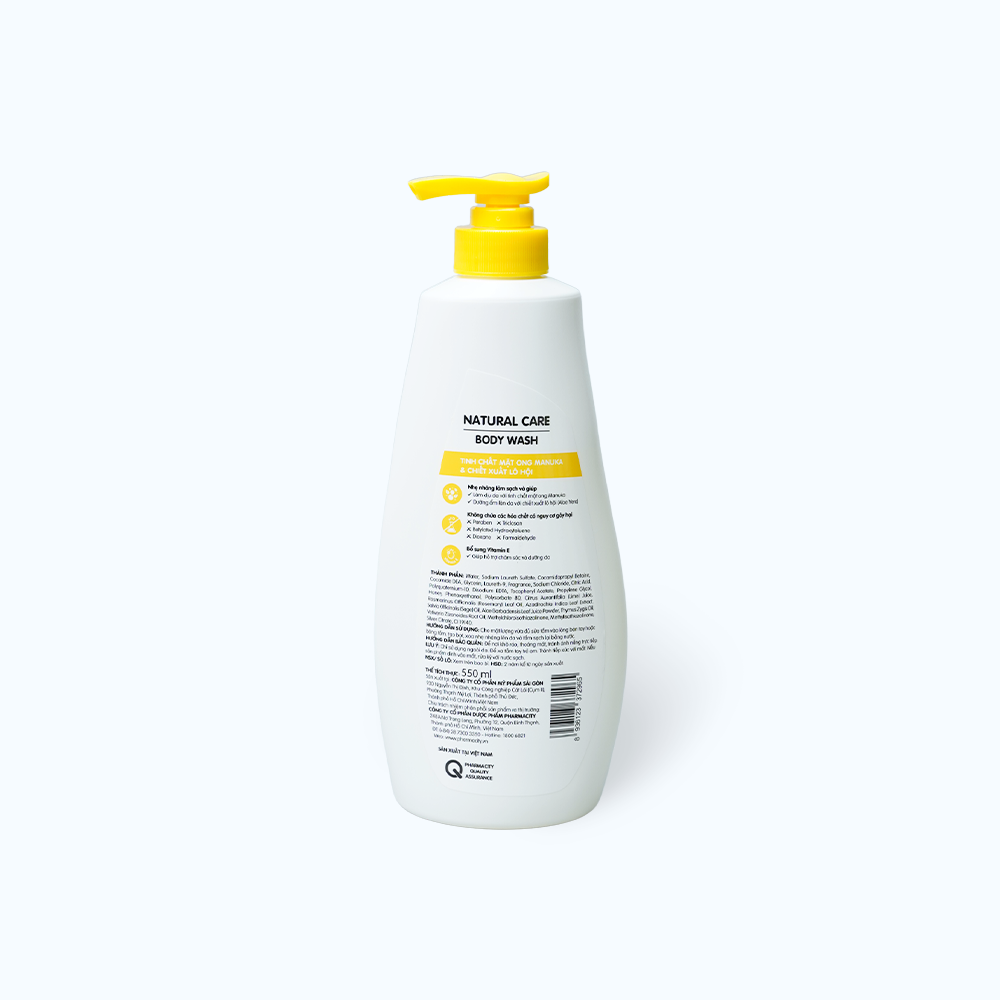 Sữa tắm tinh chất mật ong Manuka và chiết xuất lô hội Pharmacity Natural Care kháng khuẩn (Chai 550g)